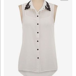 Sheer White Sleeveless Shirt w/t Black Lace Collar